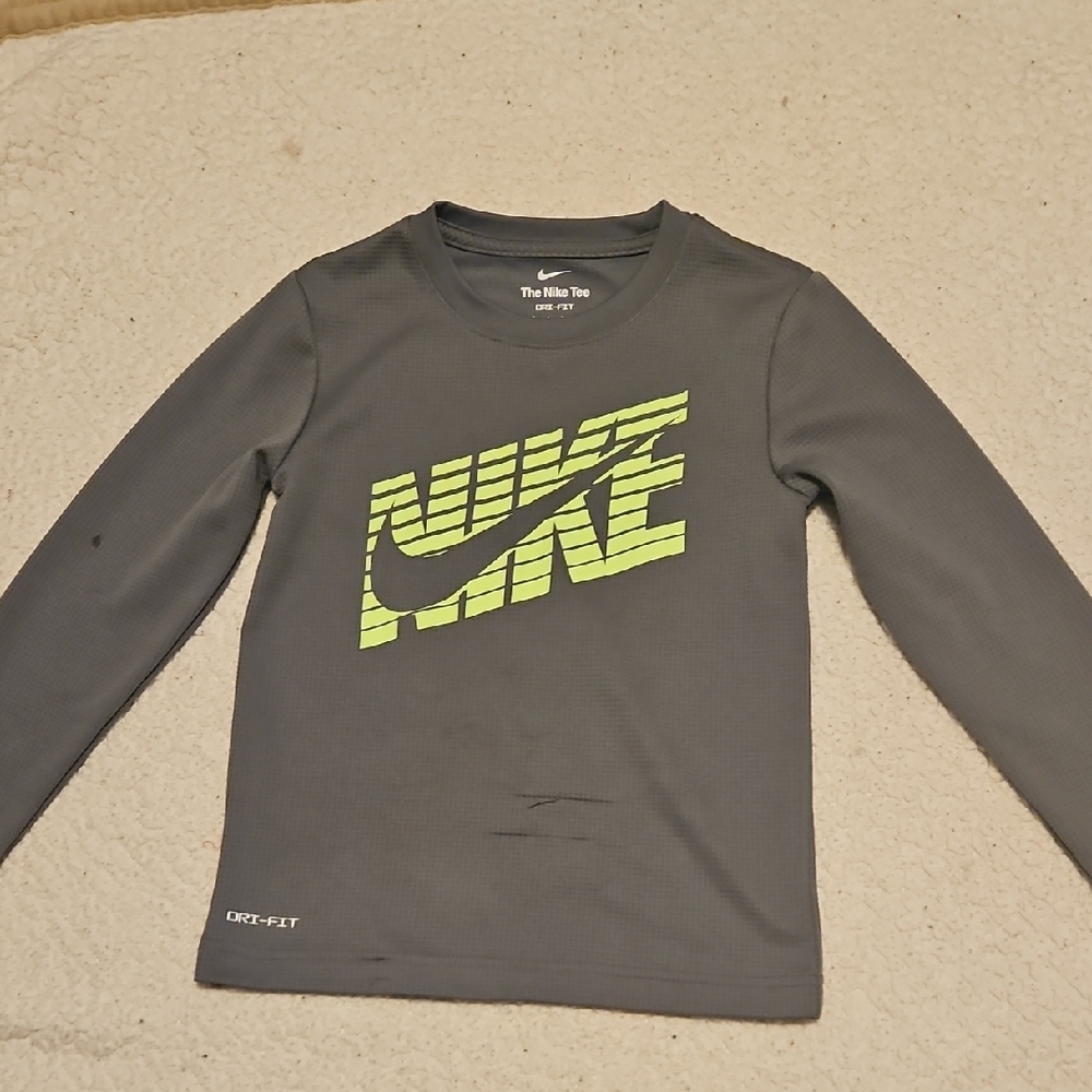 Nike Kids Dark Gray Long Sleeve Tee with Neon Green Logo